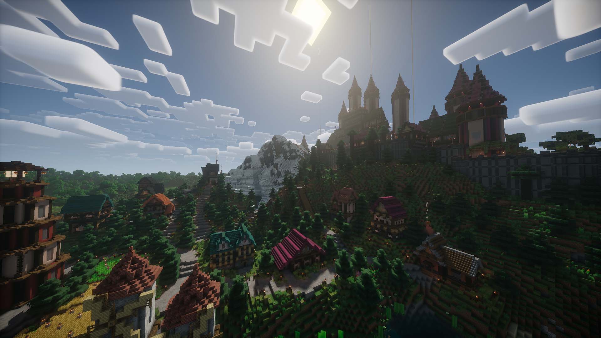 A landscape view of the modern spawn; a huge, beautiful medieval-styled castle.